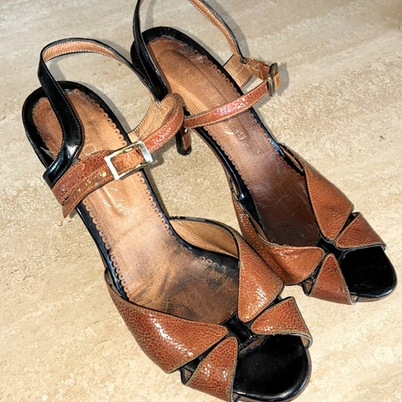 NEOTANGO Argentine Tango shoes, black patent leather/rust lizard, open toe 8 GUC - Picture 3 of 17